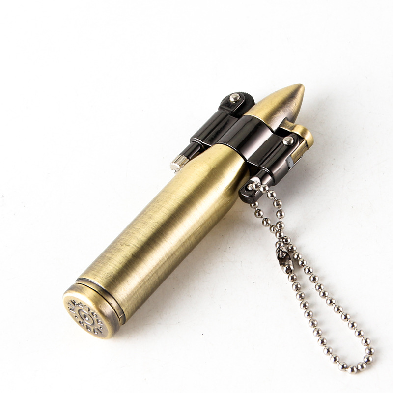 Side view of bullet lighter showing hinged lid and attached ball chain