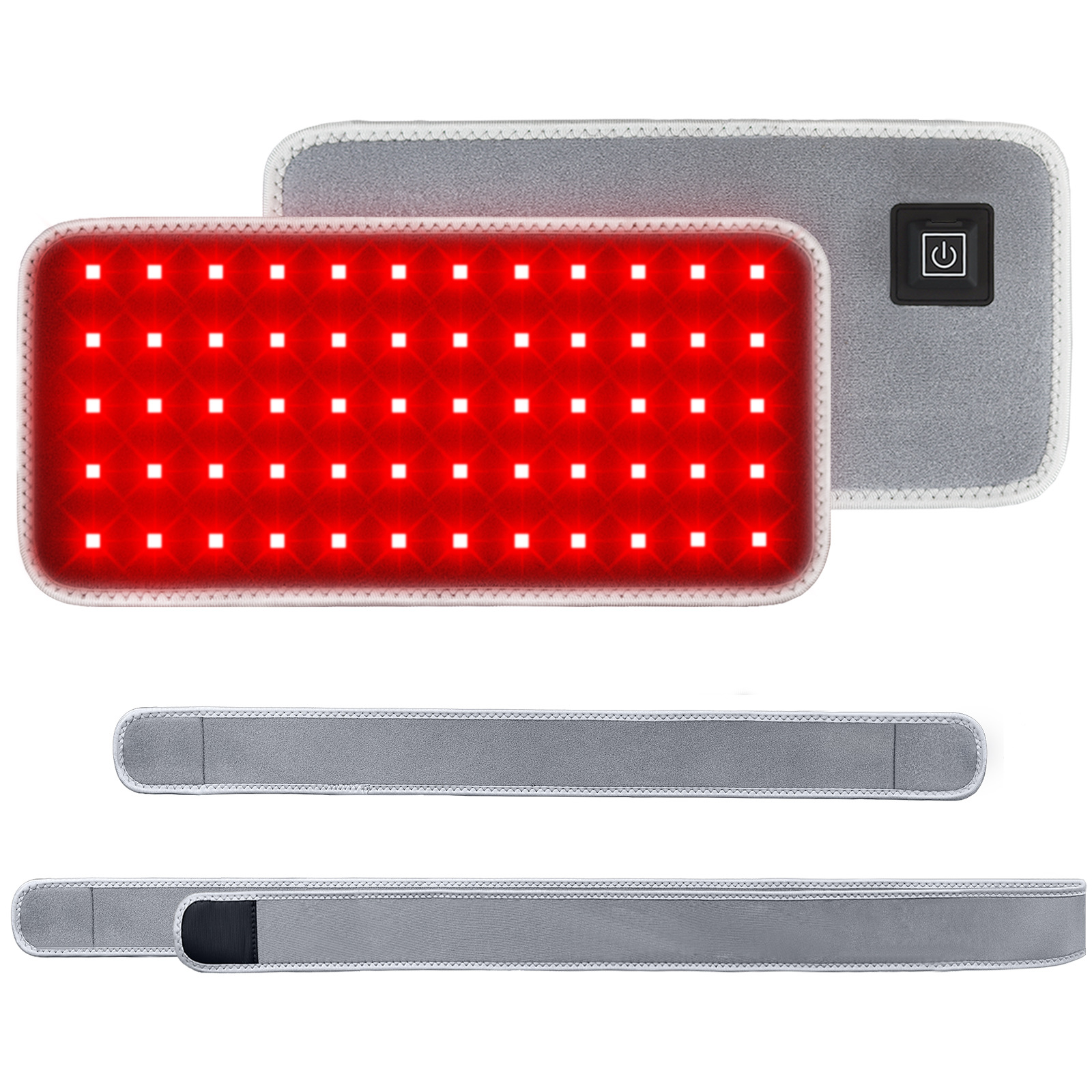 Lit red LED pad resting on a soft surface in a quiet room