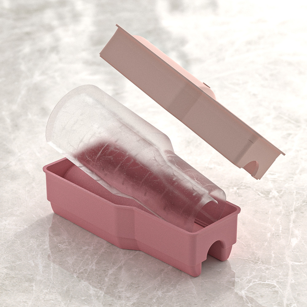 Clear tumbler-shaped ice released from a dusty rose mold