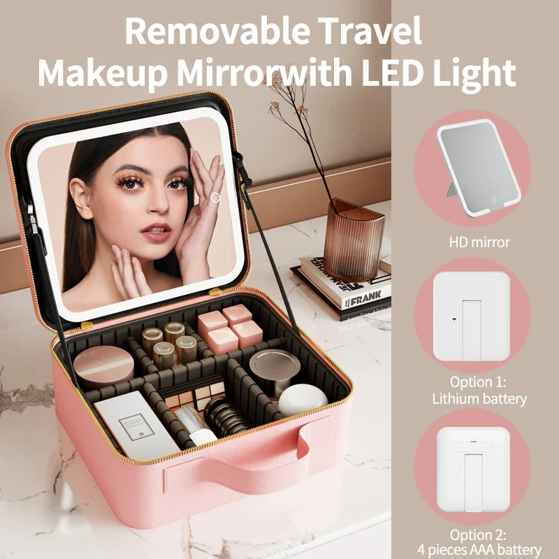 Makeup case with dividers, brushes and charging cable laid out