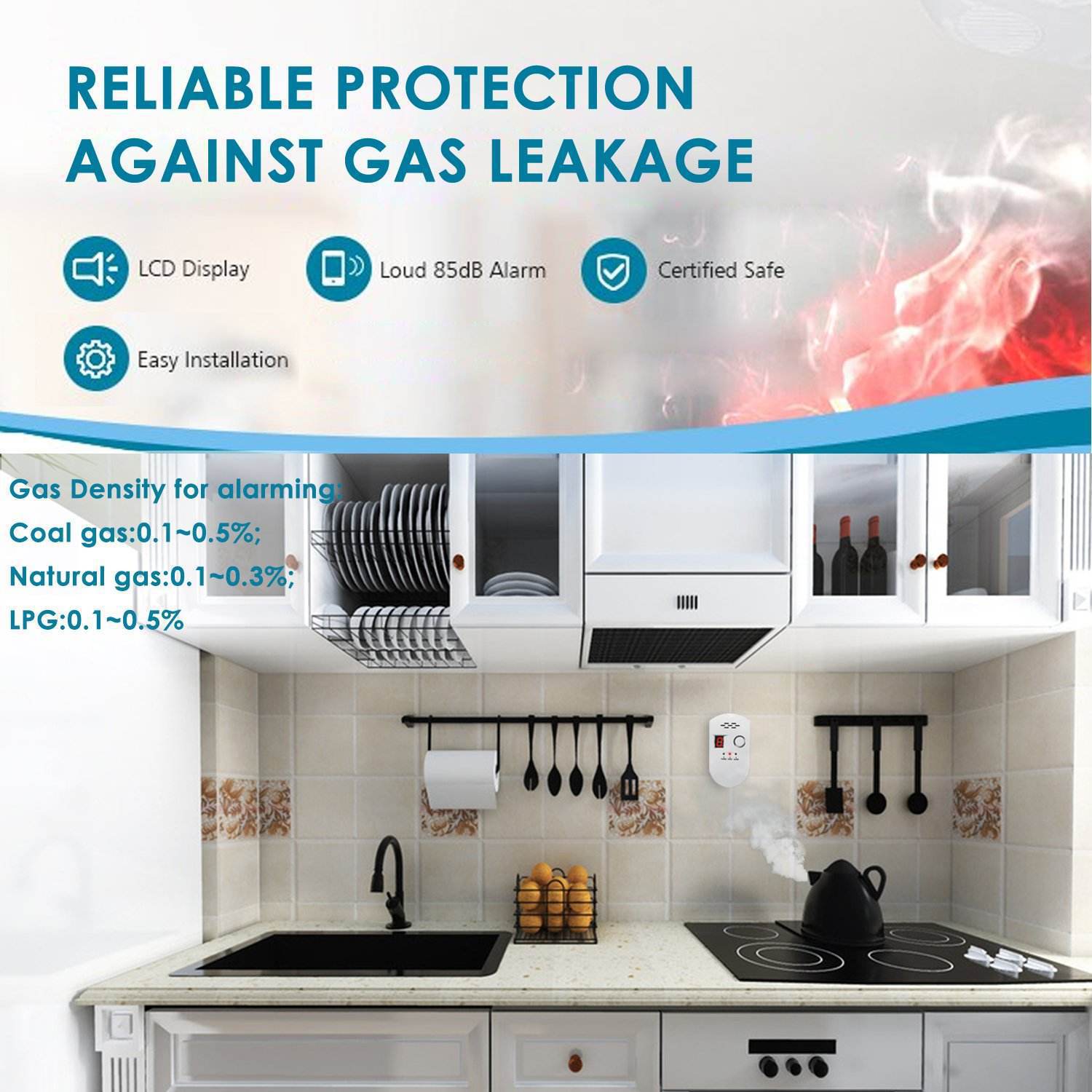 Kitchen with gas cooktop and detector plugged into the wall socket
