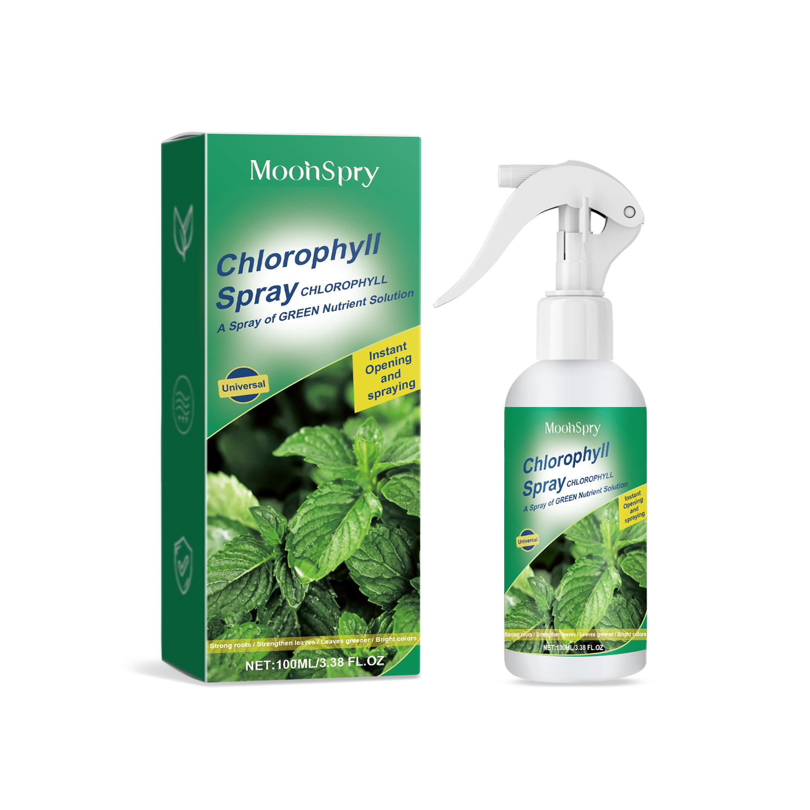 Trigger sprayer on a white chlorophyll spray bottle with green label