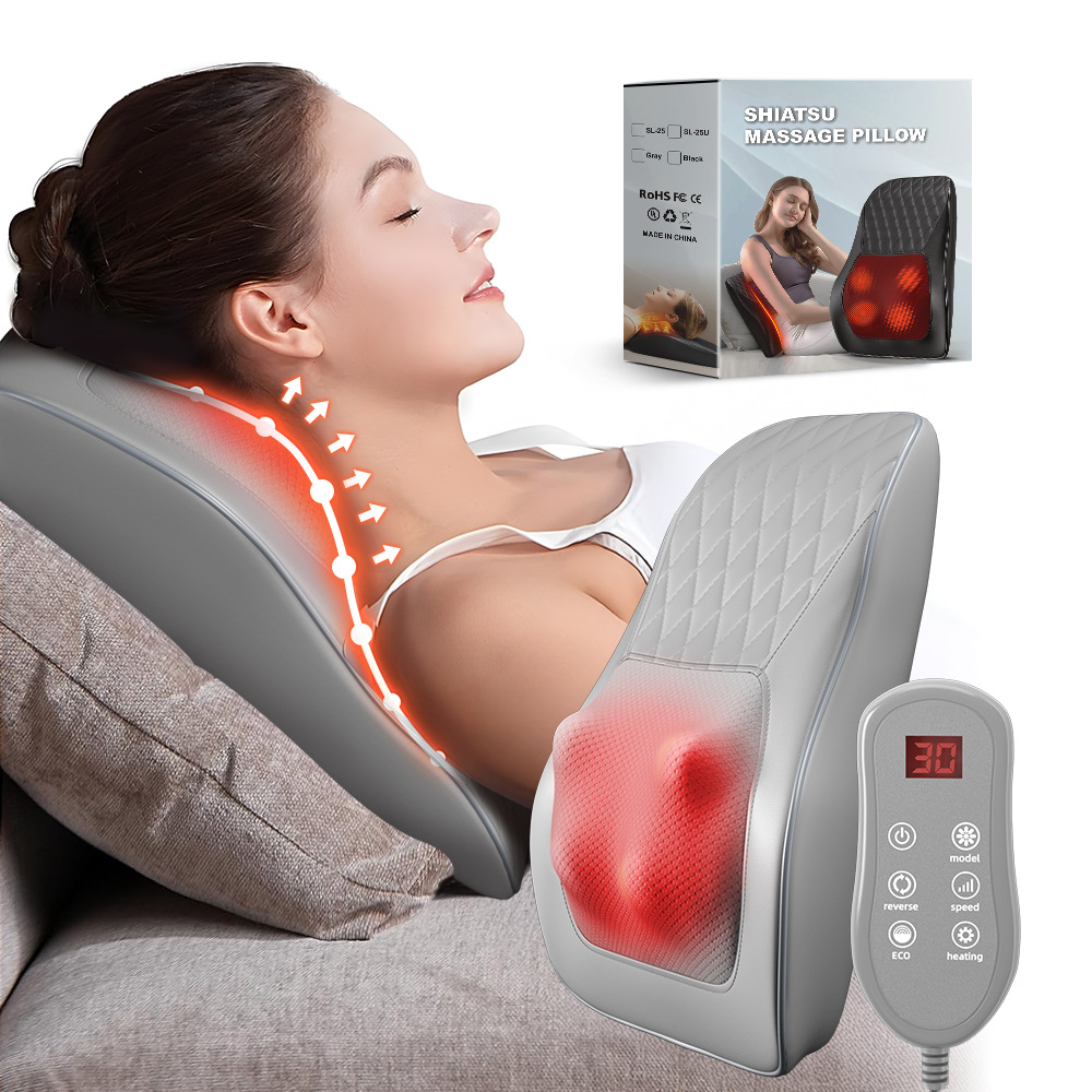 Grey contoured pillow with heat glow resting on a sofa back