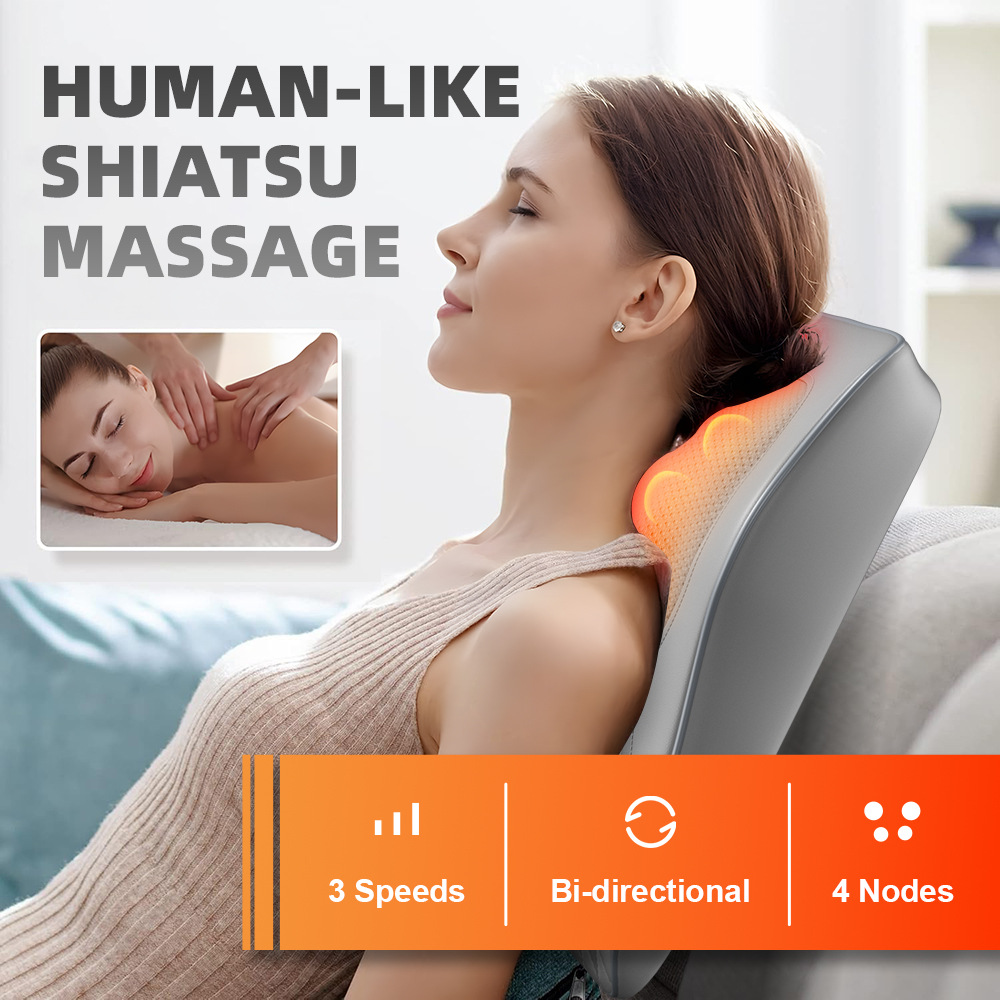 Shiatsu pillow glowing red beside a person slumped on a sofa