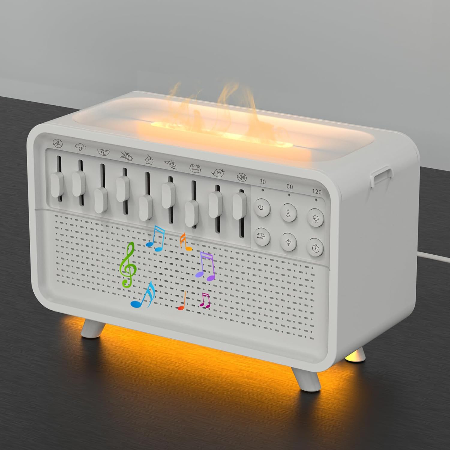 Simulated flame glow and mist rising from a white sleep device