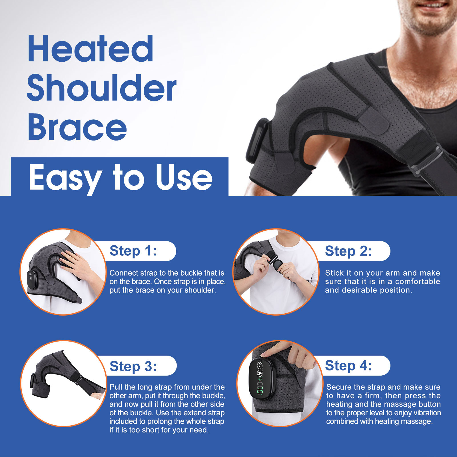 Step guide showing how to fit the heated shoulder brace