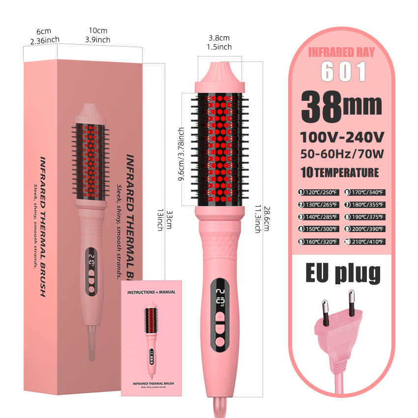 Heated round brush with red infrared ring shaping a section of hair
