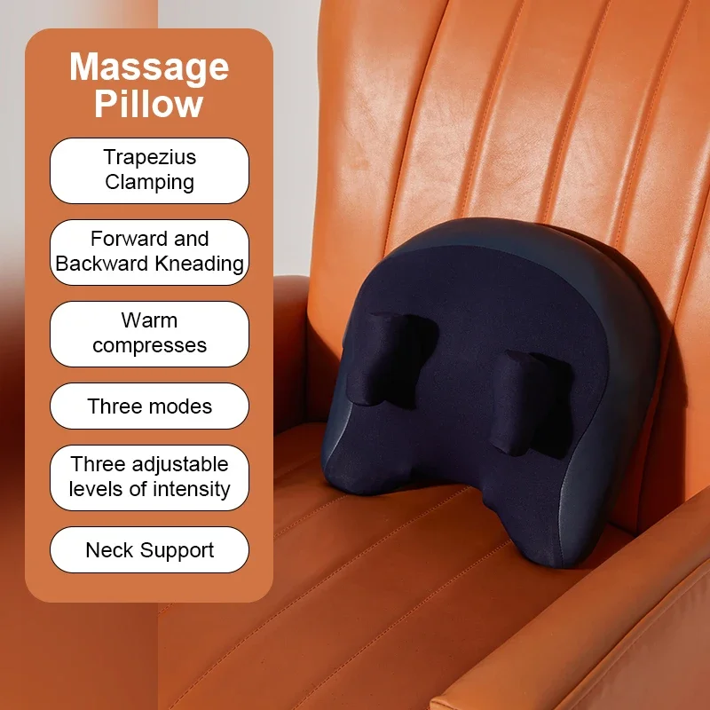 Navy massage pillow on an orange leather car seat with mode and level list