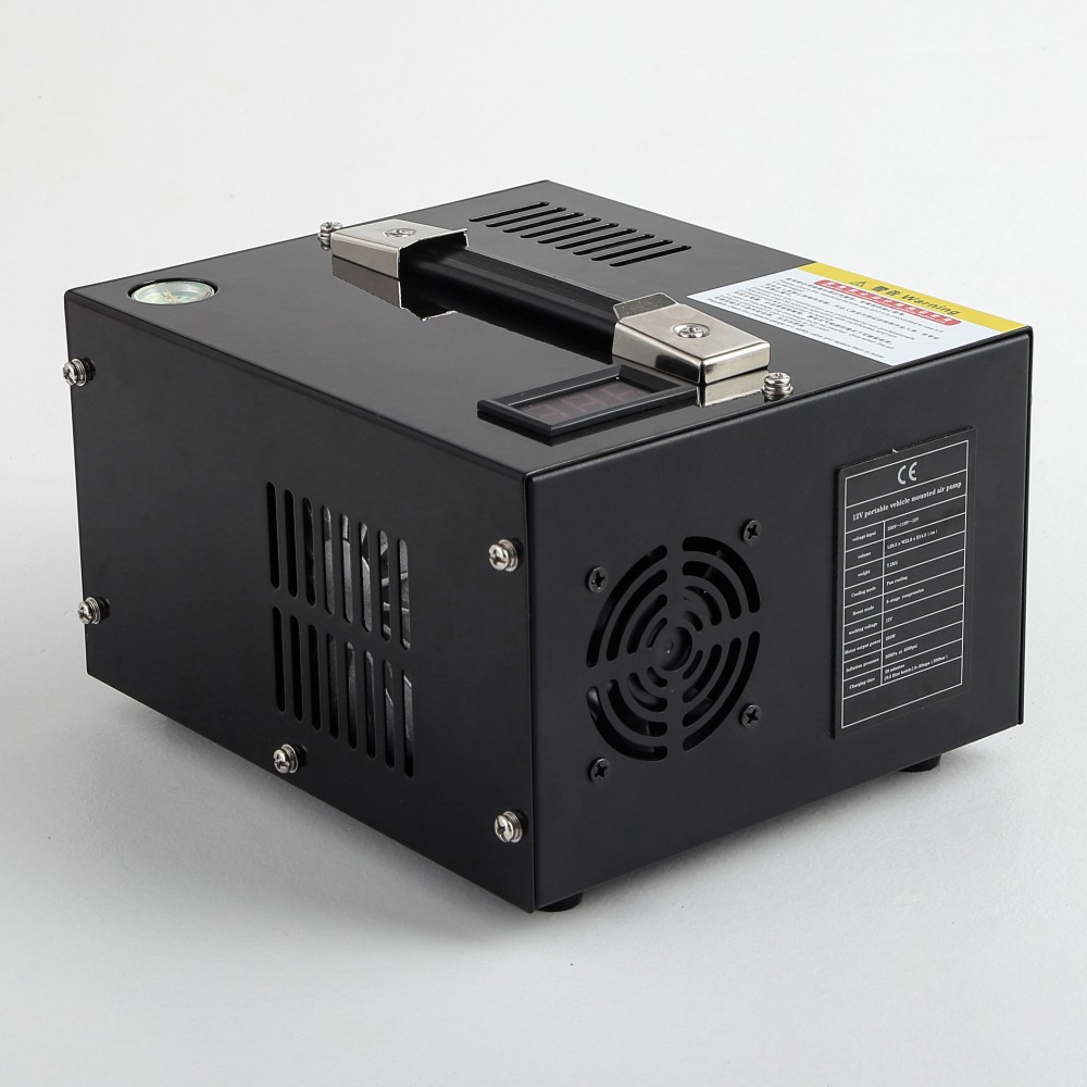 Rear view of black pump showing cooling fan and CE specification label