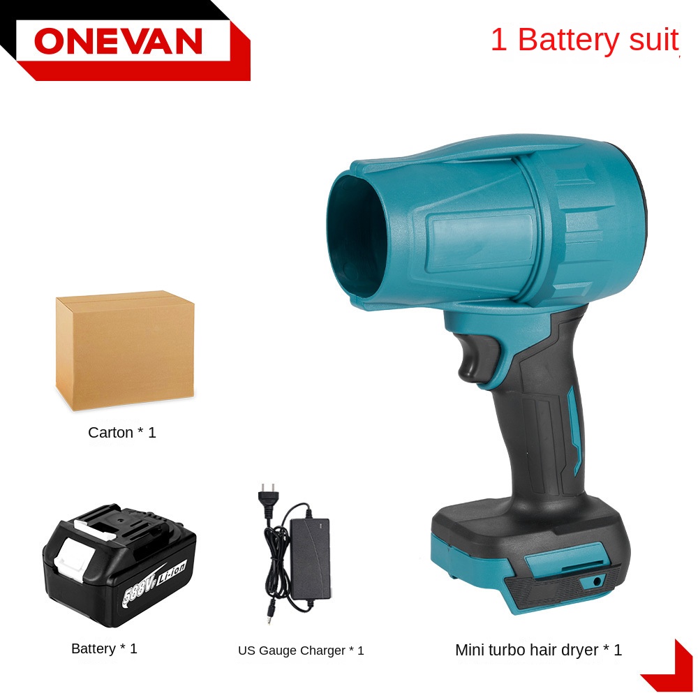 Teal blower resting on a workbench beside a Makita battery pack
