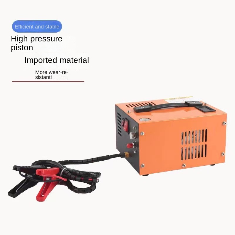 Orange pump with 12V battery clamp leads and high pressure piston