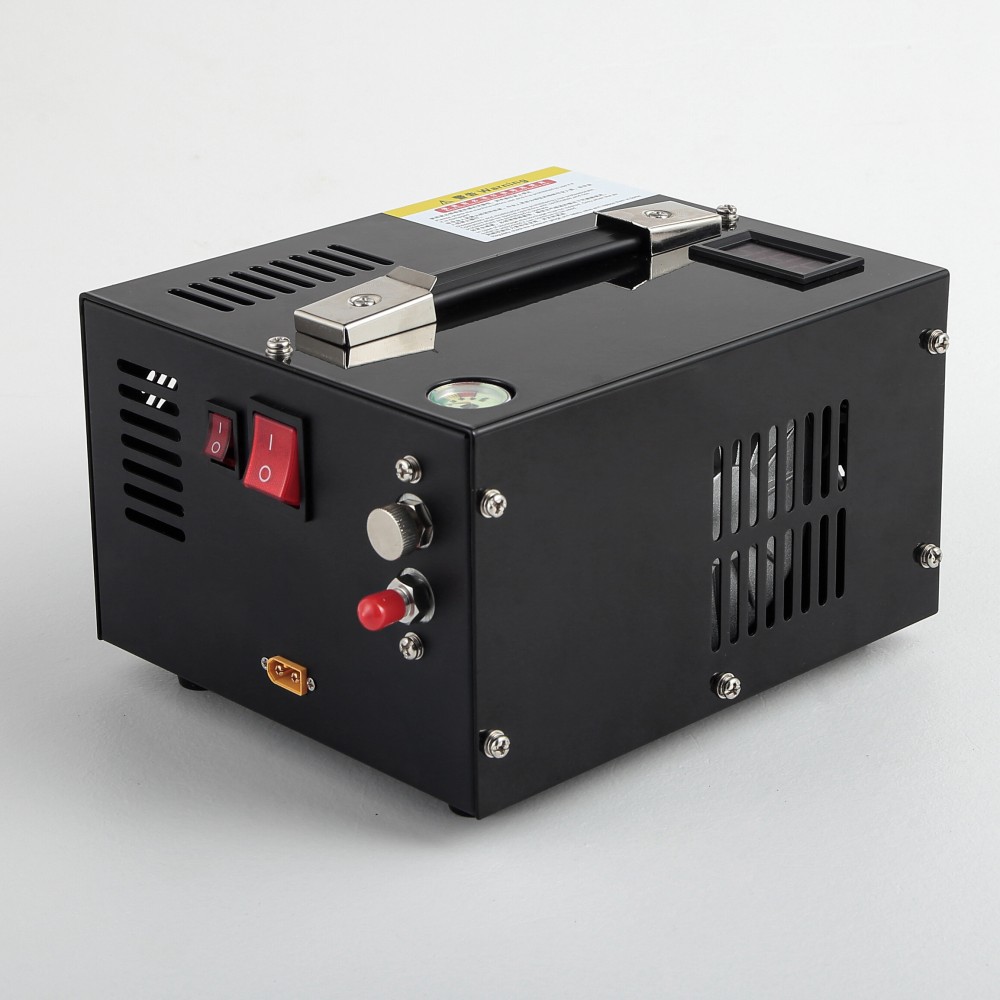 Black pump front with red rocker switches, pressure knob and red outlet valve