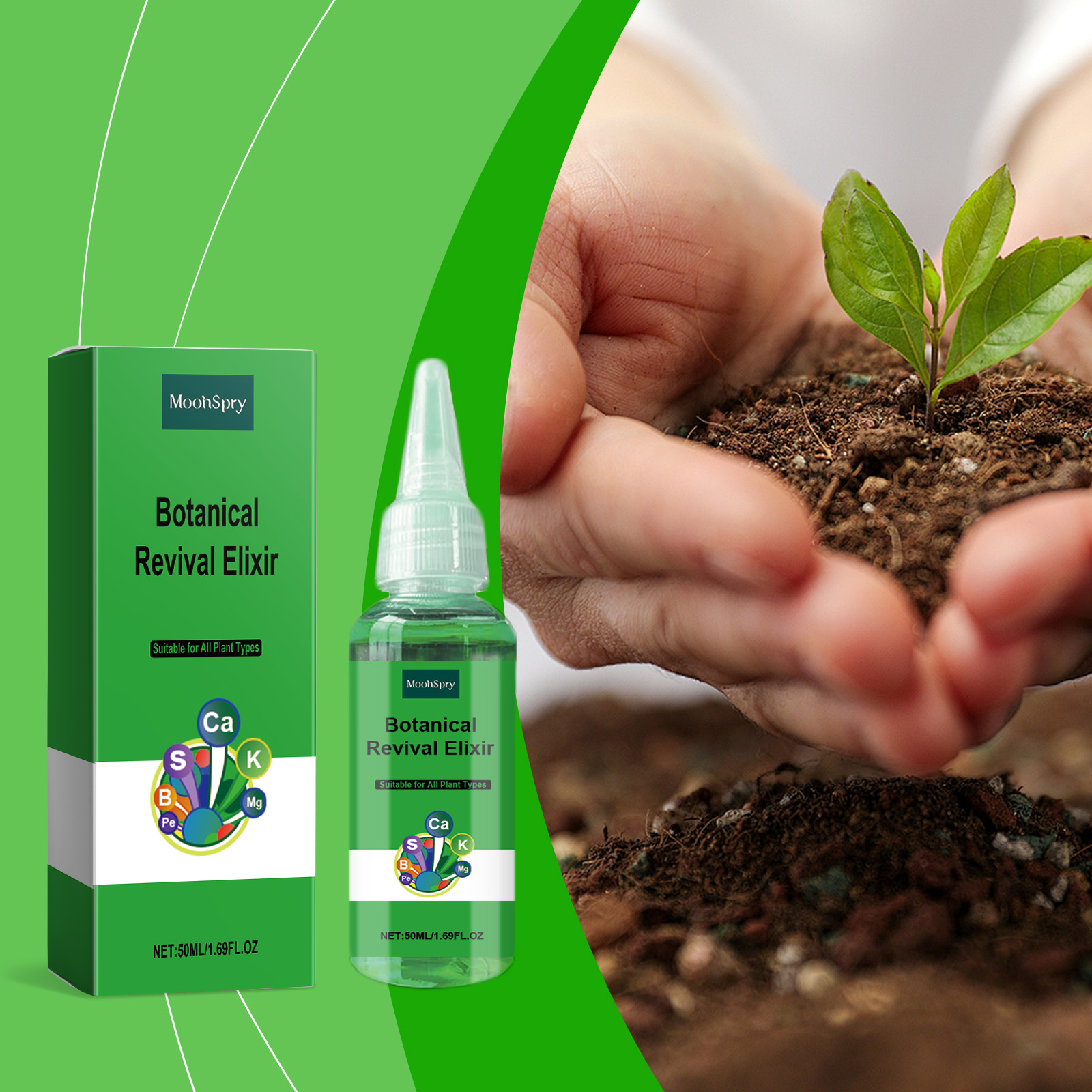 Green bottle and box beside a close-up of hands and sprouting seedling