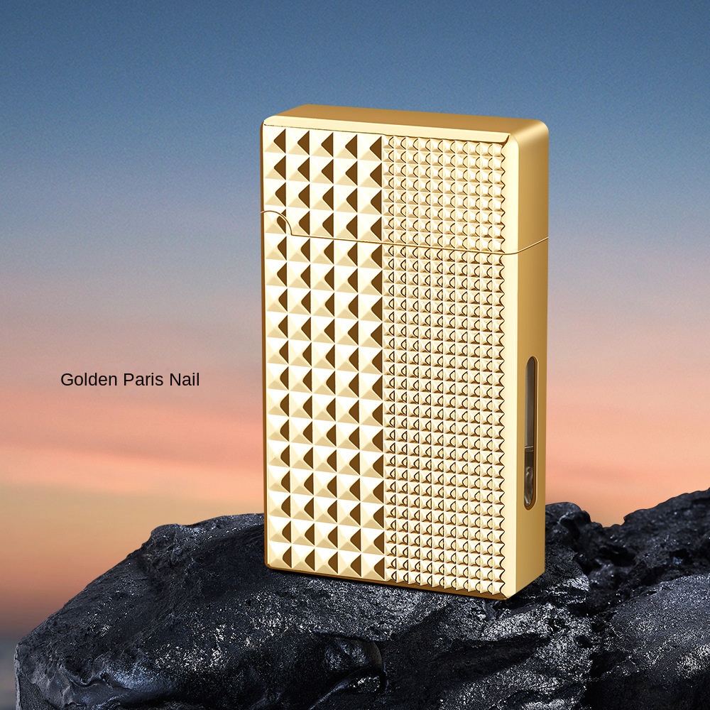 Metal lighter with lid open and flame rising from the burner