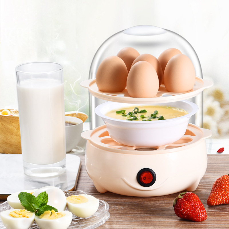 Steaming bowl of egg custard on the middle tier beside peeled boiled eggs