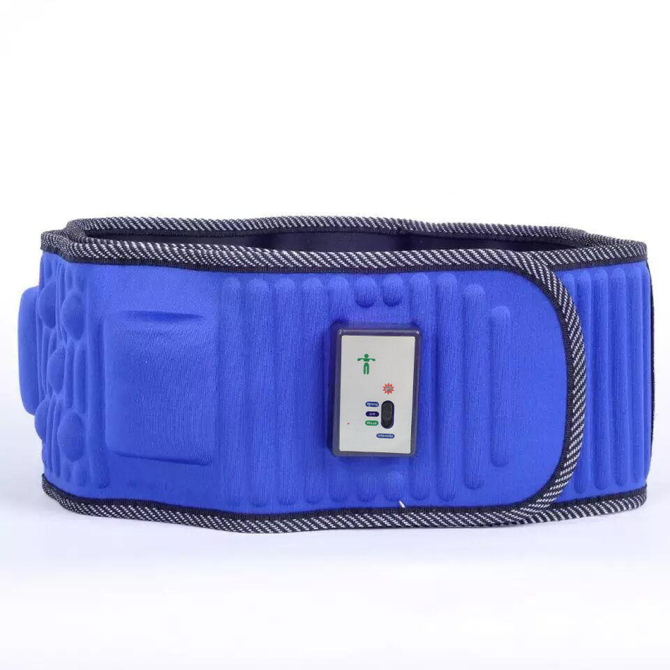 Adjustable blue waist belt fastened at the waist with hook-and-loop closure
