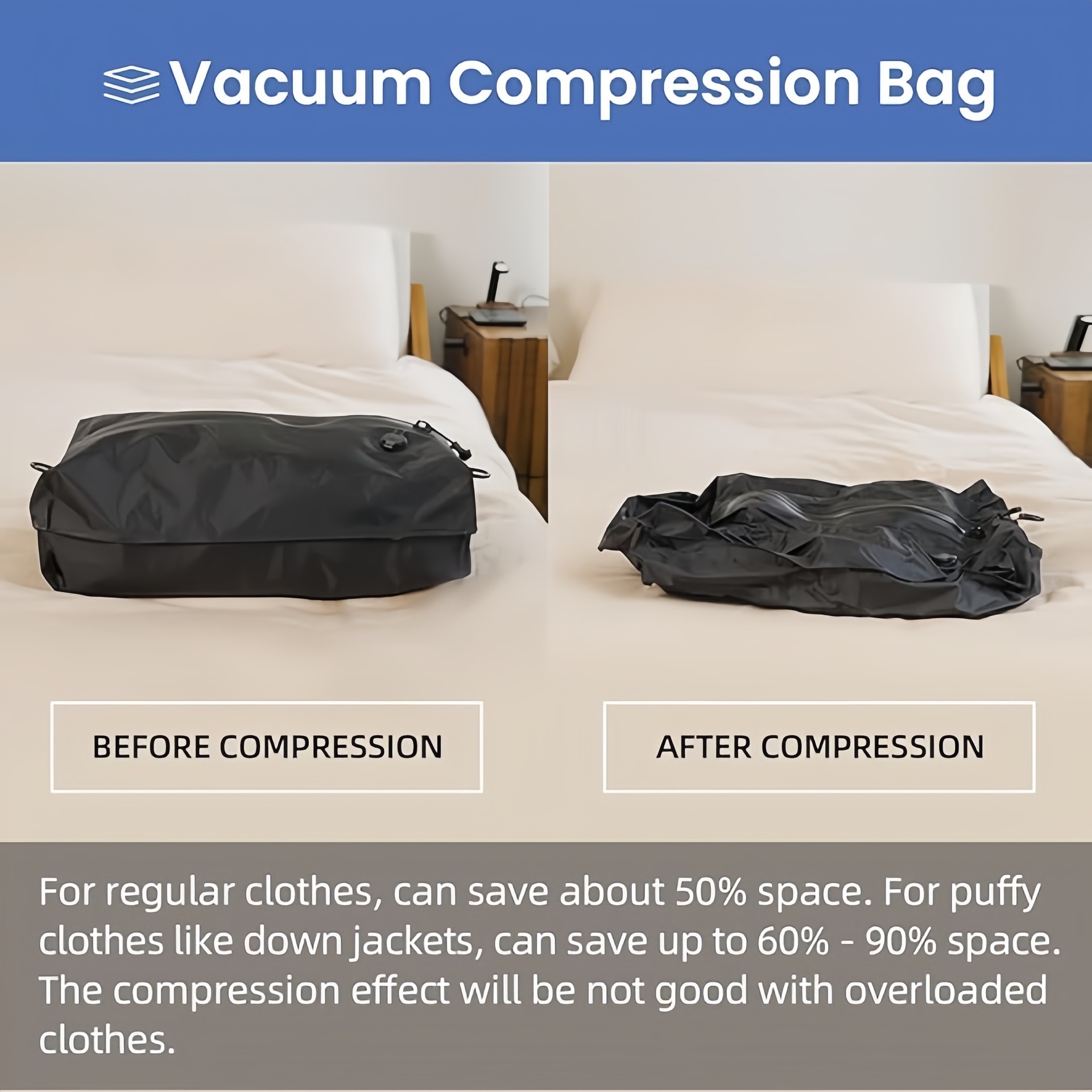 Black bag of clothes before and after compression on a bed