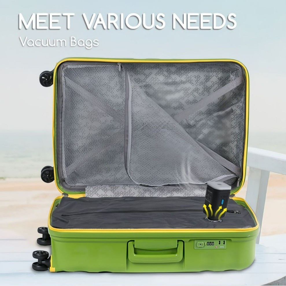 Open suitcase with compressed bag tucked beside clothes and pump attached