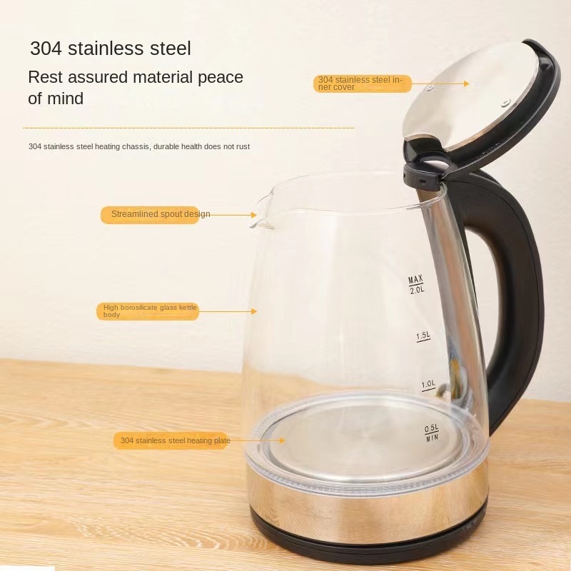 Labeled glass kettle showing stainless steel lid, glass body and heating plate