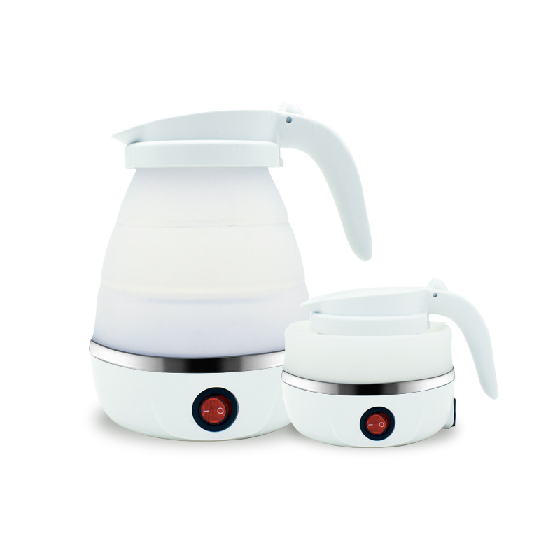 White kettle shown expanded beside its folded version on a plain surface