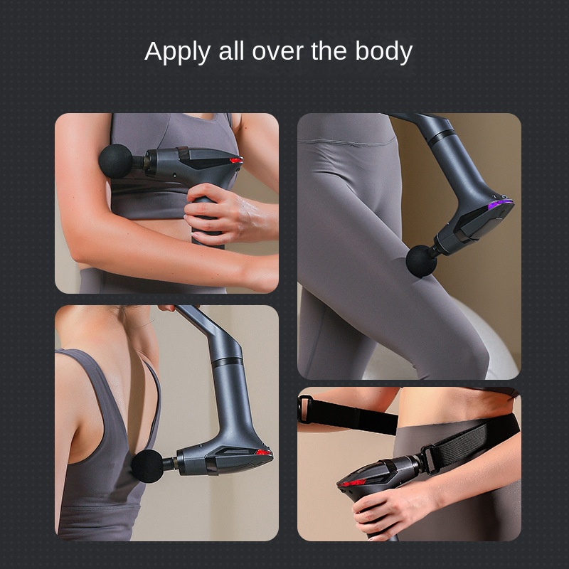 Woman using the massage gun on her shoulder and hip at home