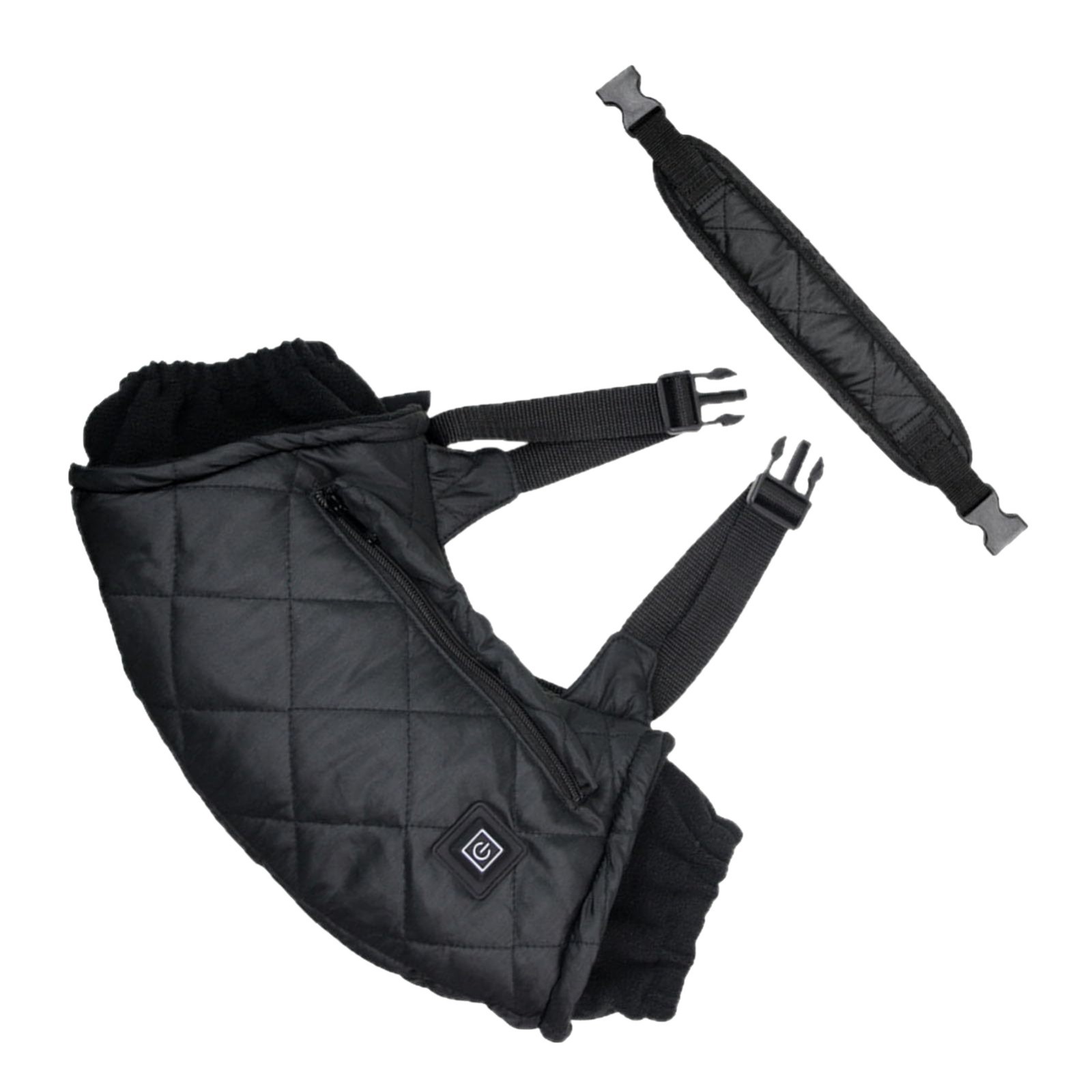 Heated hand muff carried on an adjustable shoulder strap outdoors