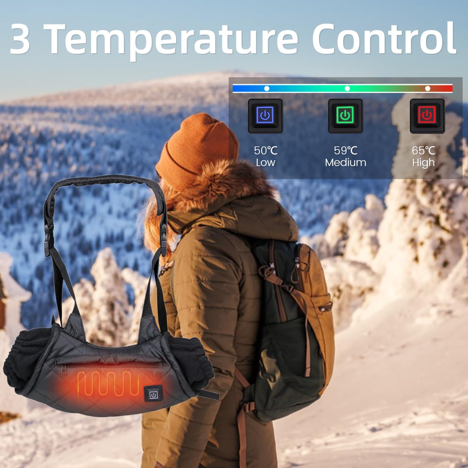 Heated hand muff heat chart showing 50°C, 59°C and 65°C settings
