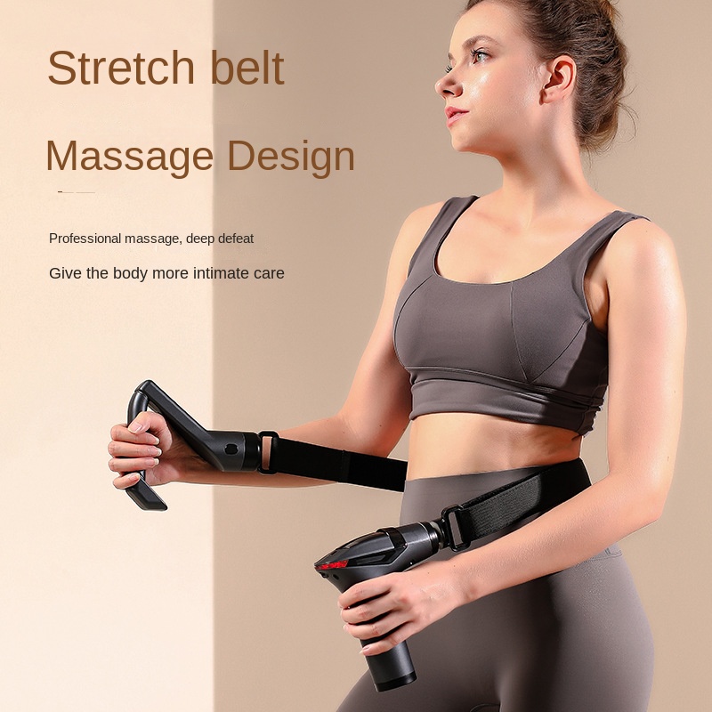 Woman stretching her arm with the pull strap and extended handle