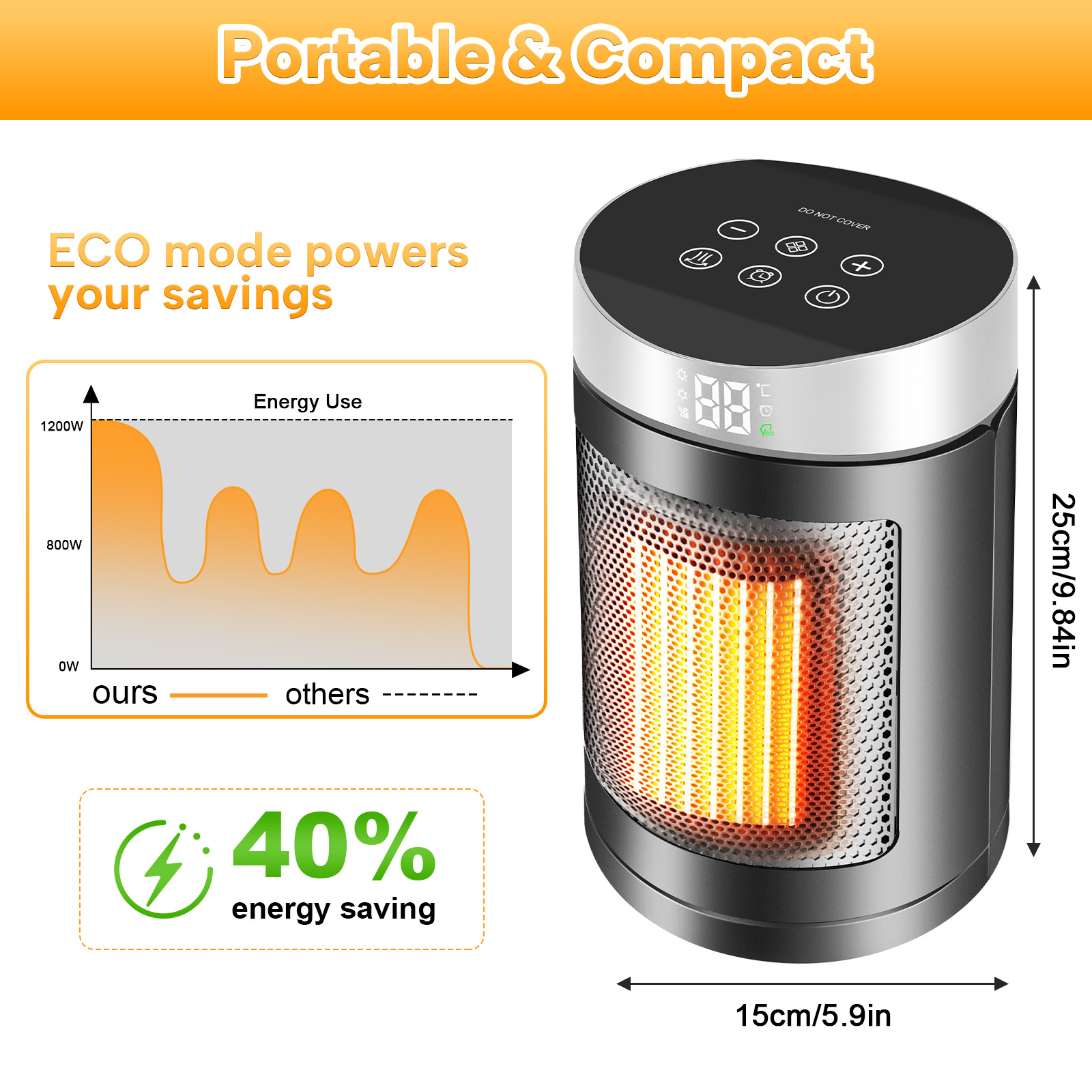 Compact heater placed on a floor beside a seating area