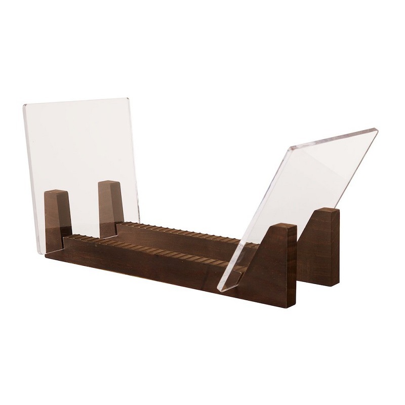 Walnut wooden record rack with grooved tray and acrylic dividers