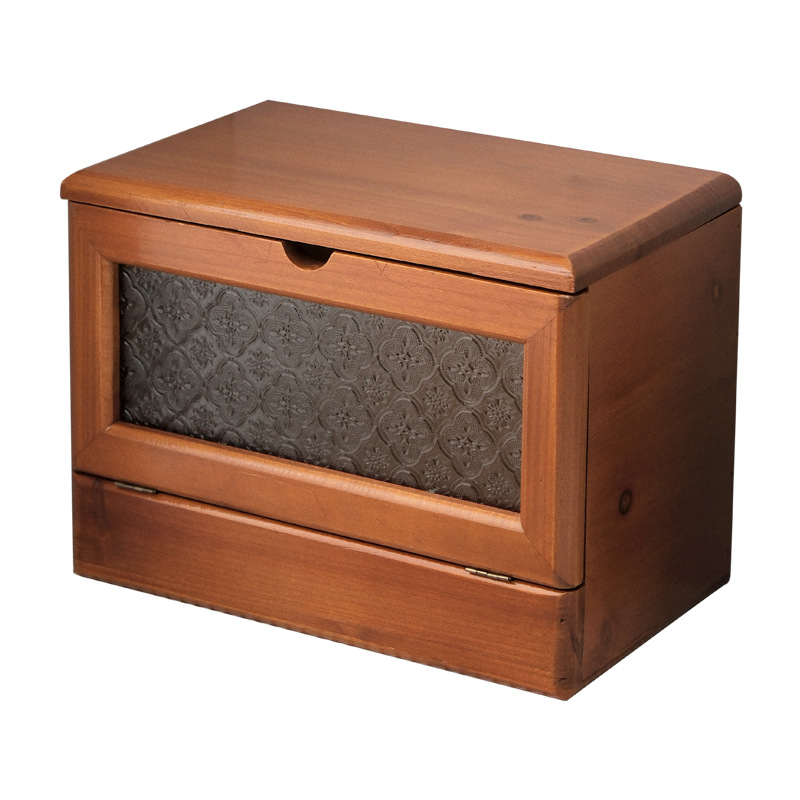 Wooden cosmetic organizer in a warm home setting with closed front
