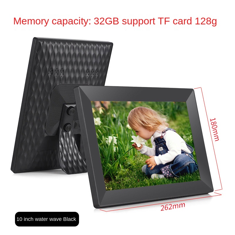 Digital photo frame placed in a family room with a bright photo showing
