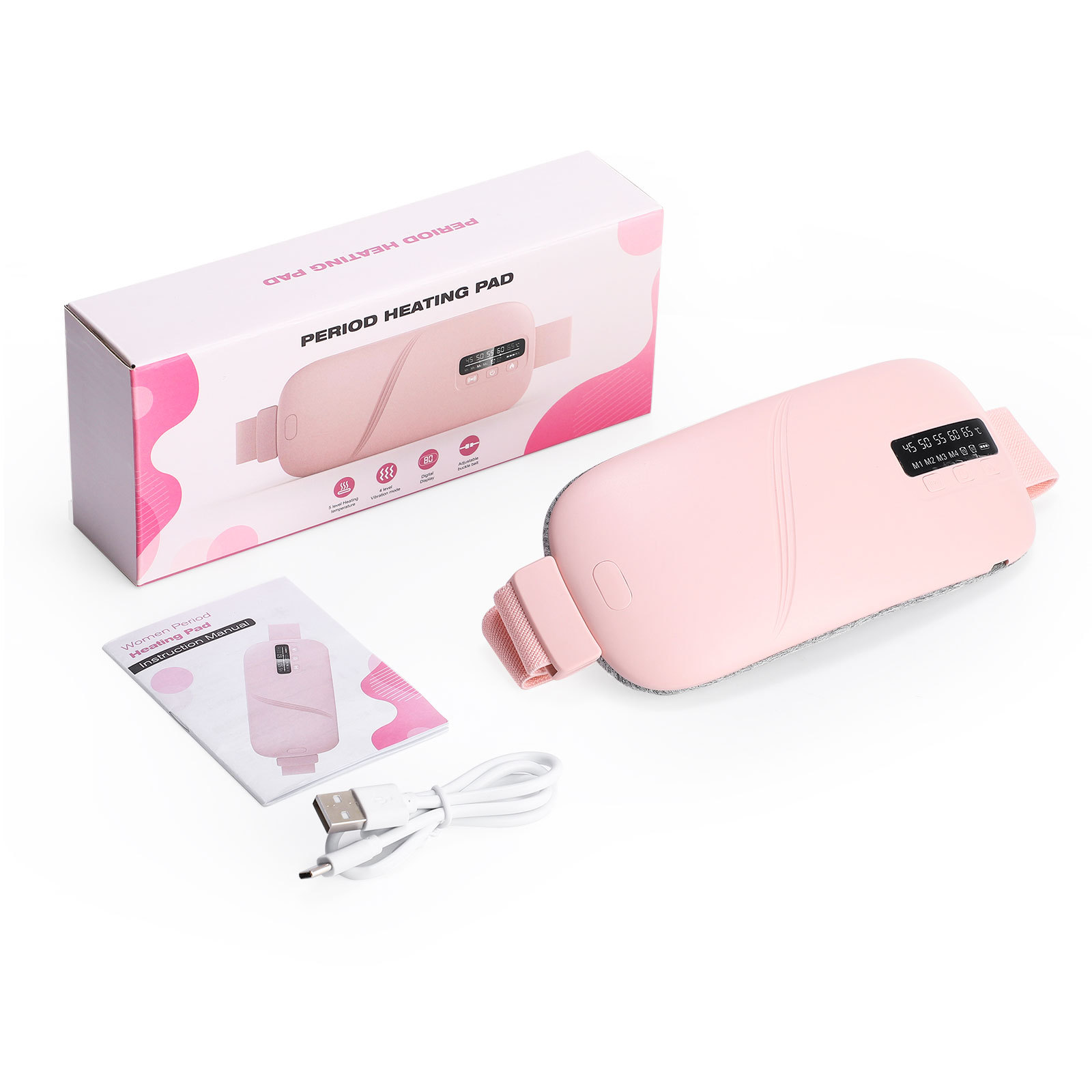 Pink heating belt beside its box and a USB cable on a light surface