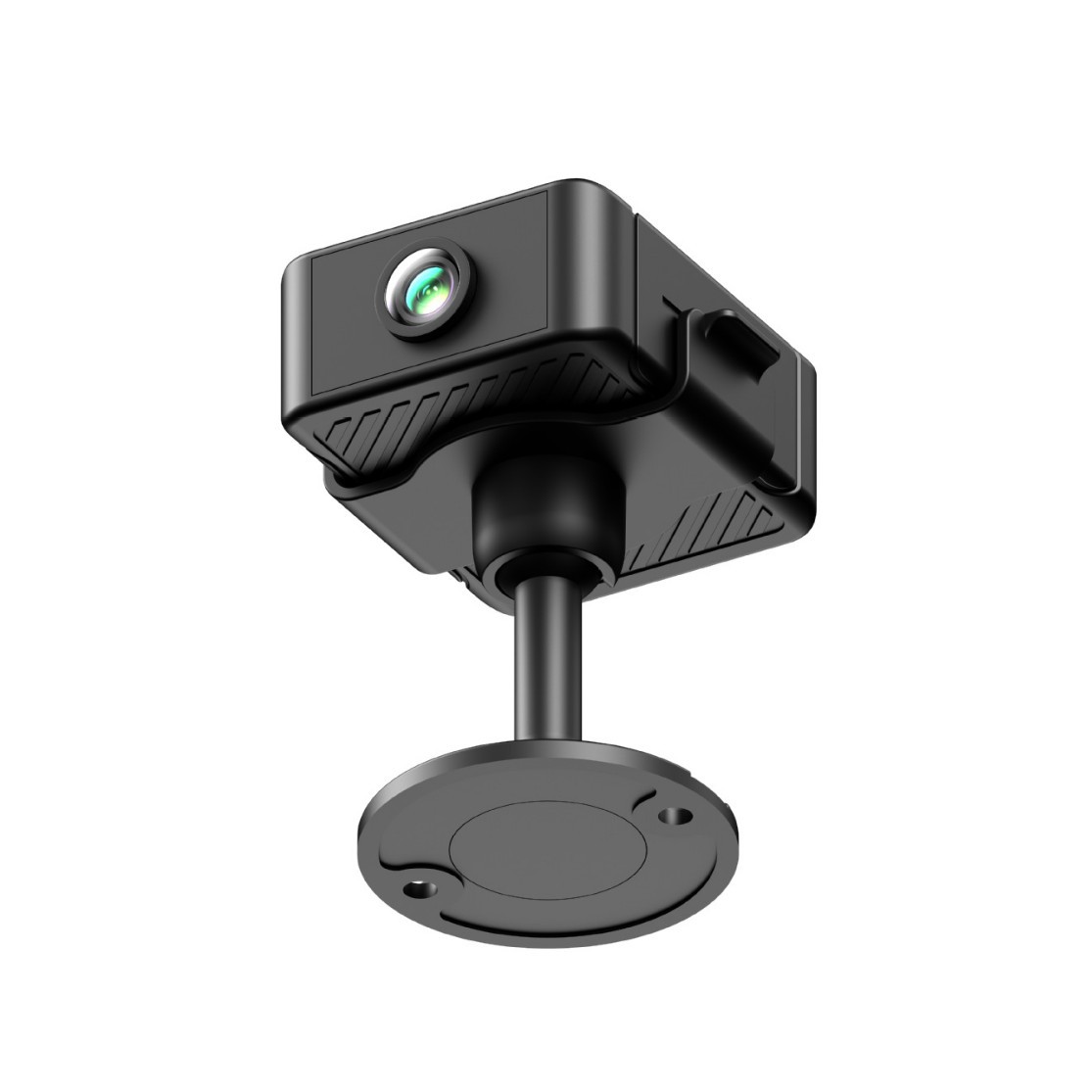 Black smart camera with ball-joint mount and round base, alternate angle