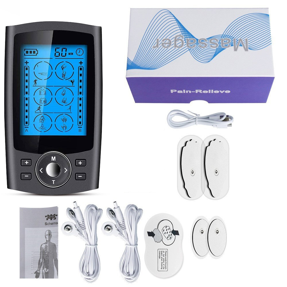 Compact EMS massager with two lead wires ready for a session