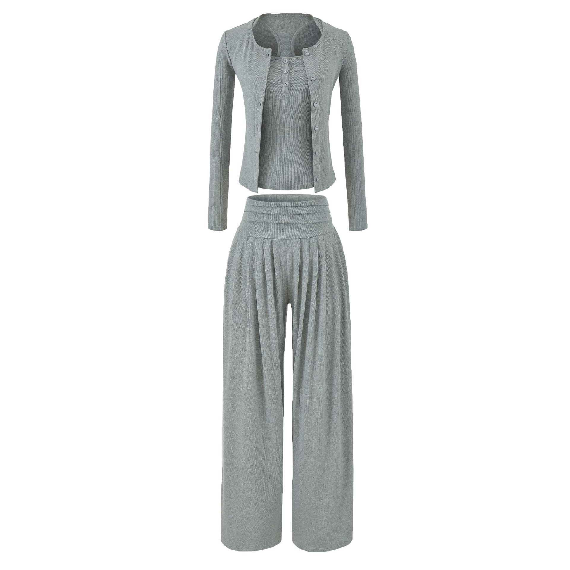 Women's Crop Racerback Button Vest &amp; Drape Wide Leg Pants Two Piece Set