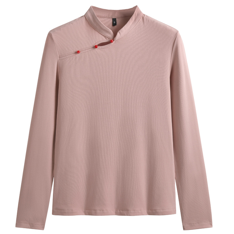 Stand up collar slanted button slim fit long sleeved T-shirt