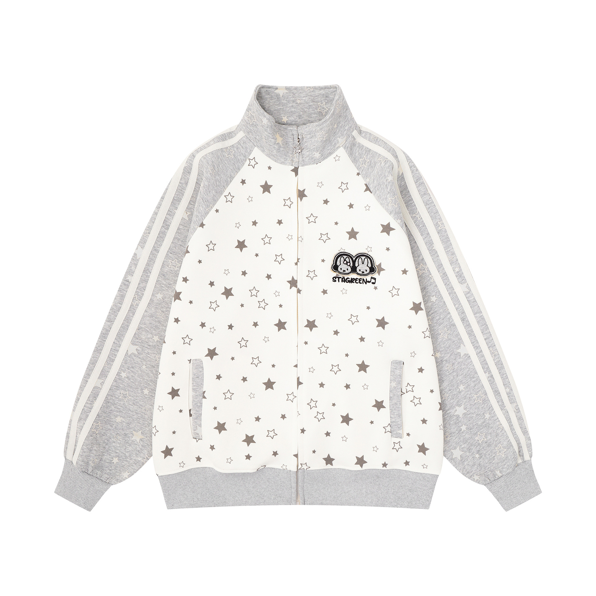 Cat Print Hooded Sweatshirt Color Block Raglan Sleeves Loose Fit Open Front Cardigan Jacket