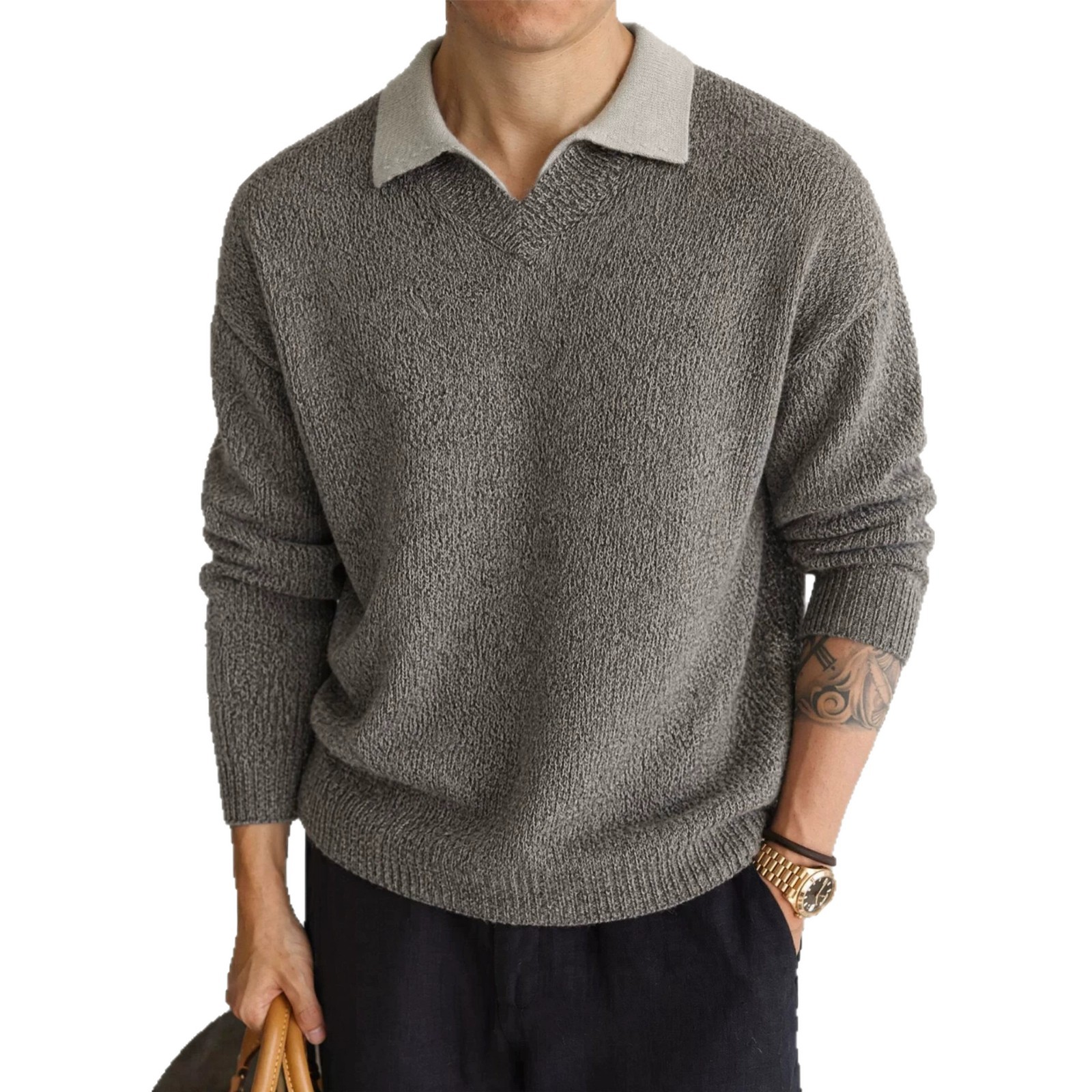 Color blocked lapel long sleeved sweater