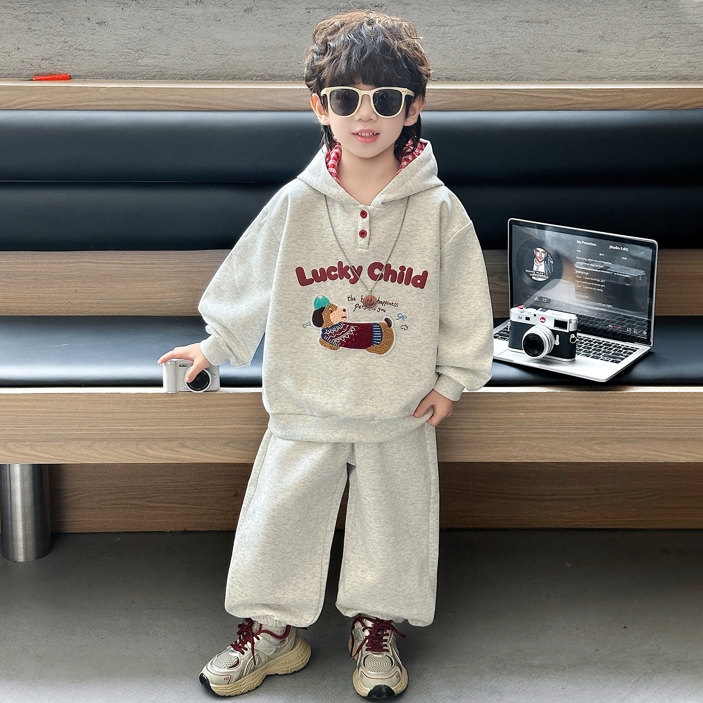 Boys Autumn Hooded Sweatshirt Set Sporty Two-Piece Outfit