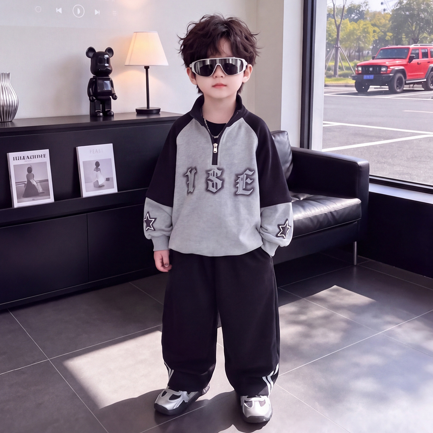 Boys Color Block Hoodie Two-Piece Set Casual Sportswear