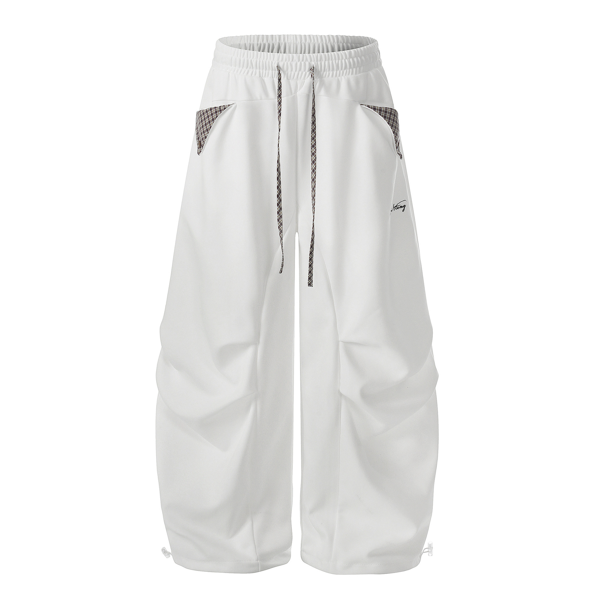 Pleated Plaid Wide Leg Drawstring Casual Pants with Triangular Patch Pockets and Embroidery Logo