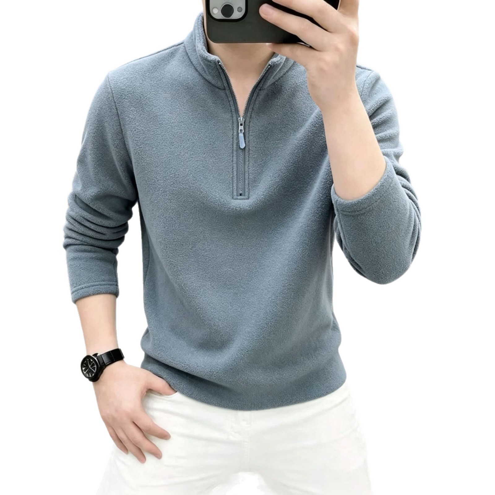 Men's Double-Sided Polar Fleece Half Zip Polo Sweatshirt
