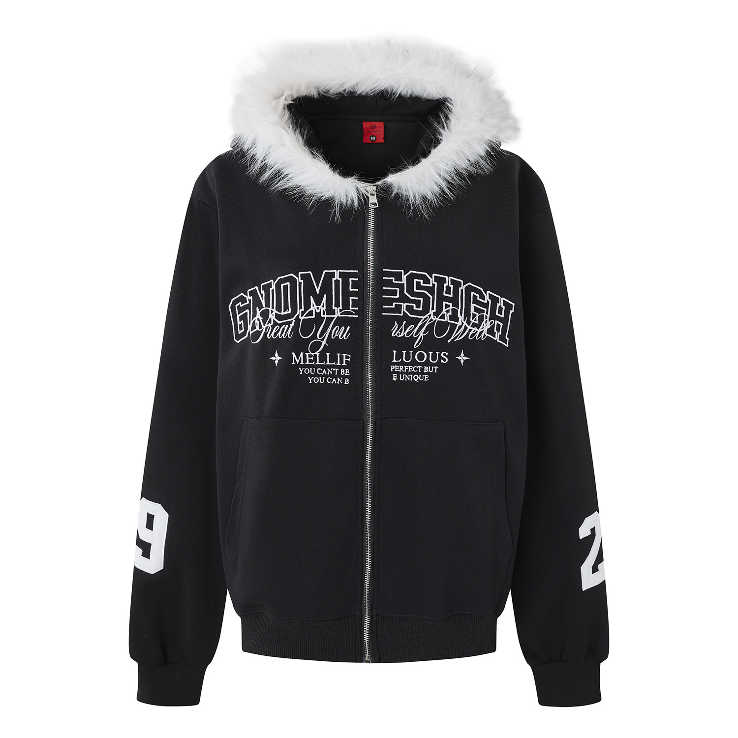 Letter Print Plush Hood Zip Up Loose Women's Sweatshirt Jacket
