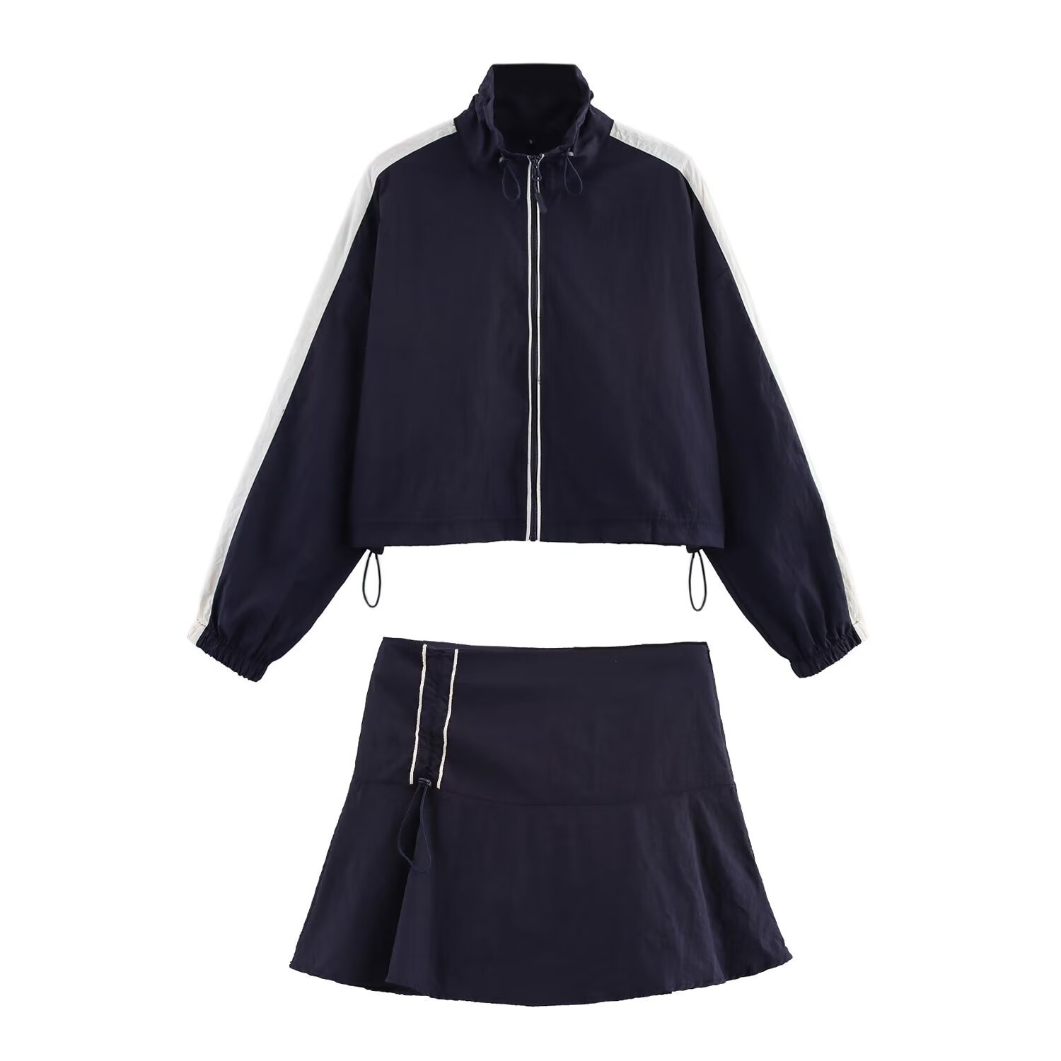 Sport Color-Block Lines Cropped Loose Jacket and A-Line Short Skirt Set