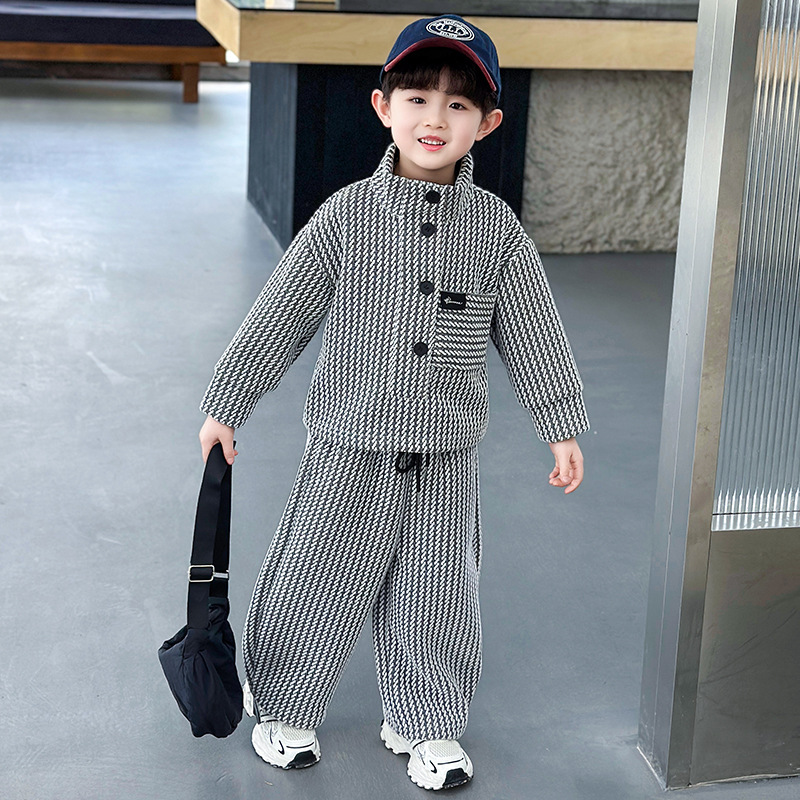 Houndstooth Pattern Long Sleeve Sweatshirt Two-Piece Set for Boys