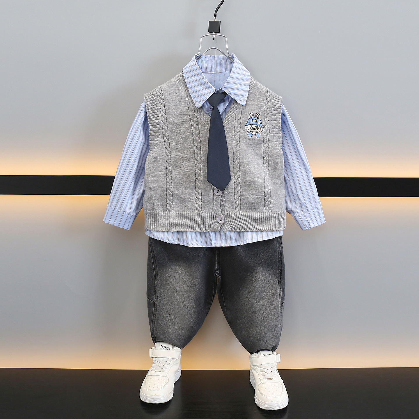 Boys' 3-Piece Knit Vest and Shirt Set - Preppy Style Fall Outfit