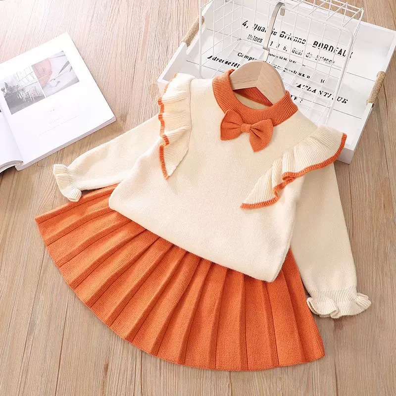 Bow Flutter Sleeve Knit Sweater Skirt Two-Piece Set for Girls