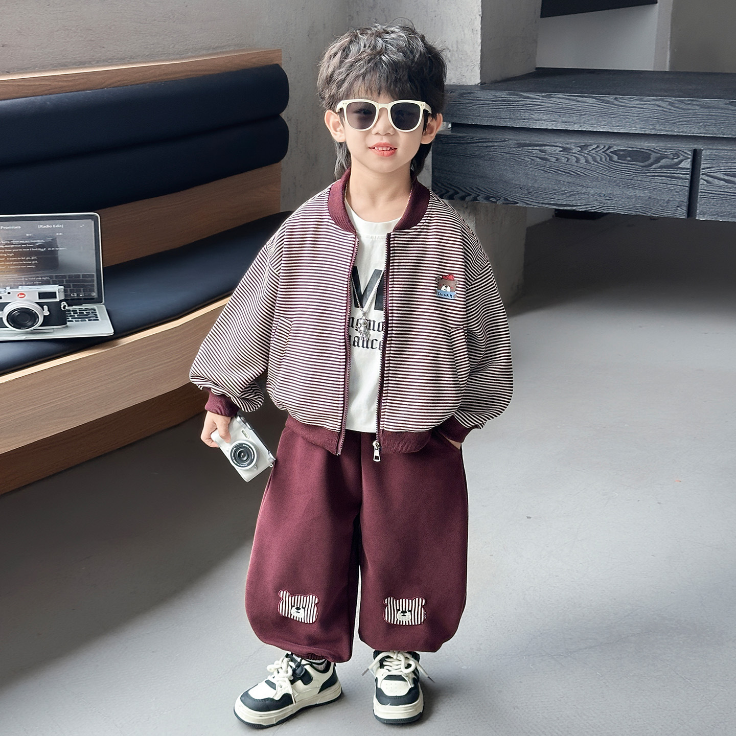 Boys' Striped Fake Two-Piece Hoodie Set