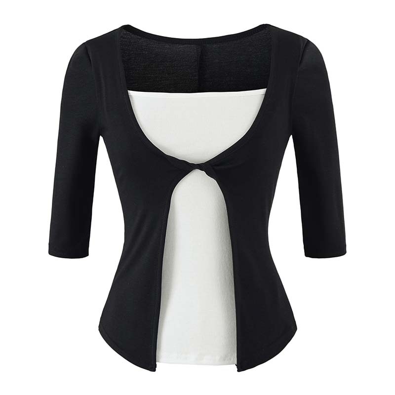 Women's Lyocell Layered Look 3/4 Sleeve T-Shirt Slim Fit Regular Shoulder Autumn Top